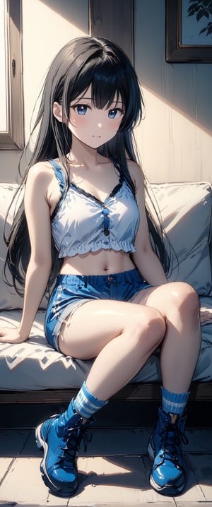 1girl, Xuenai,solo, long hair, breasts, looking at viewer, bangs, black hair, navel, holding, bare shoulders, sitting, parted lips, shorts, sleeveless, socks, midriff, striped, indoors, long hair, blue eyes, cup, lips, crop top, kneehighs, bare arms, short shorts, couch, holding cup, blue shorts, realistic, striped socks