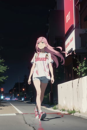 (((picture perfect))), (absurdres), 1girl, solo,zero two, Walking in the bustling commercial street, white short sleeves, pink casual shorts, white sneakers, At night,smirk, looking at viewer, perfect for planing, beautiful,Zero_Two, white lightGangfeng newspaper background wall, Glittering hair and clothes