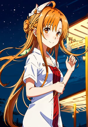 1girl, solo, breasts,Long hair, looking at viewer, blush, smile,shirt, hair ornament, medium breasts, hazel eyes, orange hair, closed mouth, white shirt, short sleeves, sidelocks, outdoors, street,hand up, hair bun, from side, looking to the side, night, single hair bun, night sky, starry sky, waving, shop, convenience store,day,yuuki asunaThe hand is normal and anatomical, with only five fingers,Fingers are not redundant, repair the lower hand.