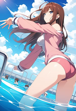 Source: Anime, Rating: Safe, 1 girl,Ai  makise kurisu, sexy body, watching the audience, anime style, illustration, blue sky and white clouds, school pool, pink swimsuit, swimming preparation in progress