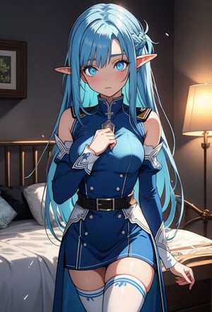 asunayuuki, , asuna yuuki, long hair, blue eyes, blue hair, pointy ears, elf, (small breast:1.2),BREAK thighhighs, dress, White uniform, detached sleeves, zettai ryouiki, white footwear, blue thighhighs,BREAK indoors, bed, bedroom,BREAK looking at viewer, BREAK , (masterpiece:1.2), best quality, high resolution, unity 8k wallpaper, (illustration:0.8), (beautiful detailed eyes:1.6), extremely detailed face, perfect lighting, extremely detailed CG, (perfect hands, perfect anatomy),Heise background wall, spotlight, shining hair, shining clothes,beautiful