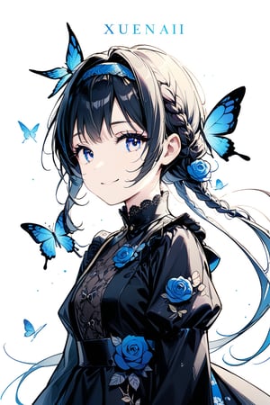 1girl, solo, looking at viewer, smile, holding, flower, character name, english text, no humans, rose, bug, butterfly, blue flower, blue butterfly, black flower, black rose,Xuenai,Black uniform, double ponytail, hair braid, hair band, blue cherry blossom print.