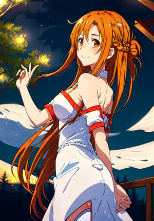 1girl, solo, breasts,Long hair, looking at viewer, blush, smile,shirt, hair ornament, medium breasts, hazel eyes, orange hair, closed mouth, white shirt, short sleeves, sidelocks, outdoors, street,hand up, hair bun, from side, looking to the side, night, single hair bun, night sky, starry sky, waving, shop, convenience store,day,yuuki asunaThe hand is normal and anatomical, with only five fingers,The back of your hand is on your back.