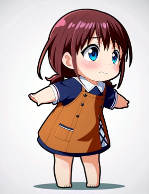 Chibi character,1girl,nina iseri, brown hair, blue eyes,solo, full body, embarrassed, blush,standing, white background, masterpiece, best quality, very aesthetic, absurdres,from front