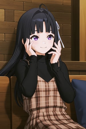 score_9, score_8_up, score_7_up, score_6_up, source_anime,Masterpiece, best _ quality, (3d-detailed:1.4),
Score_Anime,3d,
 awa_subaru , black hair, long hair, ahoge, purple eyes, blunt bangs,
,
brick_wall, turtleneck_sweater, sleeveless, smile, black_shirt, brown_dress, looking_up, sitting, plaid_dress, hair_ribbon, sweatdrop, solo, 1girl, black_sweater, awa_subaru, 3d, closed_mouth, upper_body,
(4_fingers+1thumb on hand), perfect hands, beautiful_female_fingers,hair_ribbon