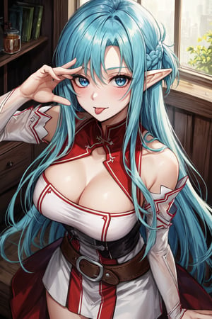 8k, ultra-detailed, perfect anatomy, High detailed, detailed background, beautiful face, score_9, score_8_up, score_7_up, score_6_up, score_5_up, score_4_up,

1girl, solo, long hair, breasts, looking at viewer, blush, bangs, blue eyes, dress, bare shoulders, closed mouth, blue hair, upper body, braid, sidelocks, detached sleeves, pointy ears, belt, indoors, elf, french braid, asuna \(sao\), from above,
repuscular rays,light sparkles,Vibrant color saturation, Key light, very clear and precise images, female_solo, from above,

((cowboy shot)), face forcus, tongue_out, wink, salute, sitting on slide, park,


,beautiful_female_fingers,perfect hands,detailed hands,beautiful hands,asuna yuuki