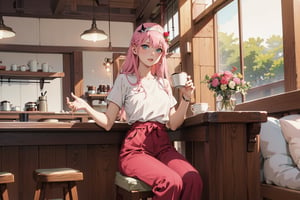 //Quality, ,score_9,score_8_up,score_7_up,score_6_up, masterpiece, best quality, detailmaster2, 8k, 8k UHD, ultra detailed, ultra-high resolution, ultra-high definition, highres, //Character, 1girl, solo,zero two,White shirt, black casual trousers, gorgeous coffee shop, leisurely drinking coffee, sitting on a stool. //Fashion, Pink dress, facing the audience,  //Background, Natural light, natural shadows,Shiny hair,whole body photo //Others,