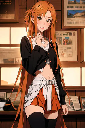 1girl,long hair, black sweater,v-neck,leather skirt,black thighhighs,hazel eyes, smile,orange hair, standing, midriff,belt,morning_light,newspaper, newspaper wall,((masterpiece, best quality, highly detailed, goodcomposition)), best quality:1.5),yuuki asuna