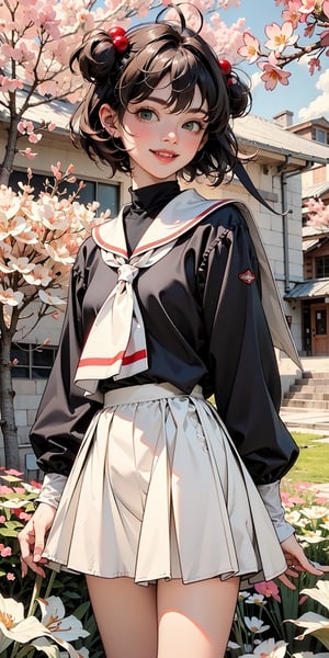 masterpiece, best quality, highres, kinomoto sakura, 1girl, brown hair, short hair, antenna hair, two side up, hair bobbles, green eyes, school uniform, white sailor collar, black shirt, long sleeves, white skirt, pleated skirt, , cowboy shot, standing, cherry blossoms, outdoors, smile,Facing the audience, is it beautiful, shiny hair and clothes?