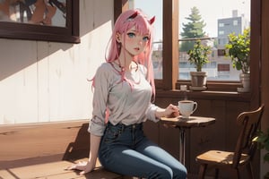 //Quality, ,score_9,score_8_up,score_7_up,score_6_up, masterpiece, best quality, detailmaster2, 8k, 8k UHD, ultra detailed, ultra-high resolution, ultra-high definition, highres, //Character, 1girl, solo,zero two,White shirt, black casual trousers, gorgeous coffee shop, leisurely drinking coffee, sitting on a stool. //Fashion, facing the audience,  //Background, Natural light, natural shadows,Shiny hair,whole body photo //Others,