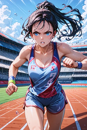 score_9, score_8_up, score_7_up, score_6_up,masterpiece,(ultra-detailed:1.5),Beautiful eyes,
 1girl,Xuenai,long hair,black hair,band,blue eyes,（upper_body） running track, stadium, starting blocks, finish line, stopwatch, sunny day, clear sky, spectators in background, 1girl, teenager, athletic build, determined expression, focused gaze, ponytail, wind:3,sweat droplets, running pose, leaning forward, arms pumping, legs mid-stride, track spikes, form-fitting running singlet, running shorts, race number pinned to singlet, BREAK, colorful wristbands, running
,(5_fingers:1.4), （beautiful_female_fingers,Beautiful hands),