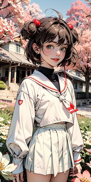 masterpiece, best quality, highres, kinomoto sakura, 1girl, brown hair, short hair, antenna hair, two side up, hair bobbles, green eyes, school uniform, white sailor collar, black shirt, long sleeves, white skirt, pleated skirt, , cowboy shot, standing, cherry blossoms, outdoors, smile,Facing the audience, is it beautiful, shiny hair and clothes?