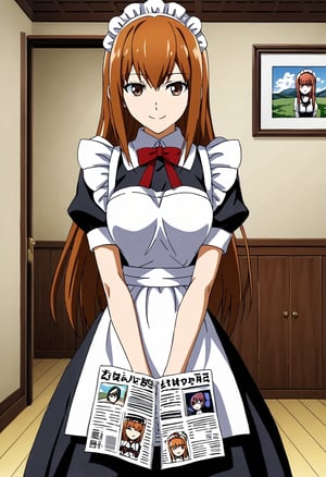 Source: Anime, Rating: Safe, 1 girl,Ai  makise kurisu, sexy body, watching the audience, anime style, illustration, Room, daytime, newspaper background, maid dressPerfect for planing, beautiful, smiling, delicate and beautiful hands