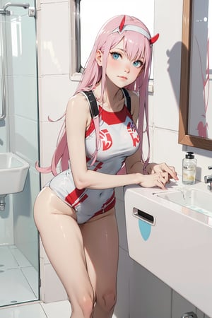 (((picture perfect))), (absurdres), 1girl, solo,zero two, Swimsuit, bathroom, night, white light, smirk, looking at viewer, perfect for planing, beautiful