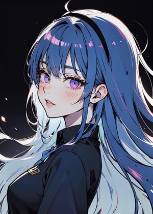 8k, ultra-detailed, perfect anatomy, High detailed, detailed background, beautiful face, score_9, score_8_up, score_7_up, score_6_up, score_5_up, score_4_up, 1girl, solo, long hair, looking at viewer, bangs, blue eyes, ribbon, blue hair, purple eyes, hair ribbon, whole body, purple hair, parted lips, from side, profile, floating hair, Black shirt, black uniform, simple background, light blue spotlight background, Glittering hair and hair bands,Shiny clothes,beautiful