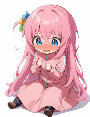 Chibi character,gotohdef, one side up,cube hair ornament,pink hair,pink jacket, track jacket, long sleeves, pink long skirt,solo, full body, embarrassed, blush,sitting, white background, masterpiece, best quality, very aesthetic, absurdres,