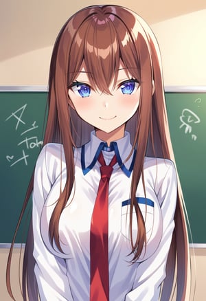 Source: Anime, Rating: Safe, 1 girl,Ai  makise kurisu, sexy body,1girl, solo, long hair, looking at viewer, smile, blue eyes, brown hair, shirt, long sleeves, holding, hair between eyes, very long hair, closed mouth, standing, purple eyes, jacket, necktie, shiny, shiny hair, hand on hip, red necktie, straight hair, labcoat, chalkboard, chalk, makise kurisu