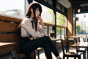//Quality, ,score_9,score_8_up,score_7_up,score_6_up, masterpiece, best quality, detailmaster2, 8k, 8k UHD, ultra detailed, ultra-high resolution, ultra-high definition, highres, //Character, 1girl, makise,kurisu,White shirt, black casual trousers, gorgeous coffee shop, leisurely drinking coffee, sitting on a stool. //Fashion, facing the audience,  //Background, Natural light, natural shadows,Shiny hair,whole body photo //Others,