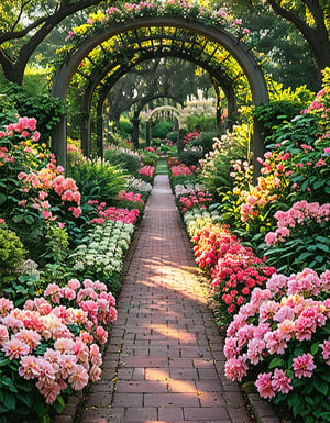 Serene morning sunlight casts warm rays upon a lush flower garden, framing vibrant blooms in velvety red, soft pink, and sunshine yellow hues against emerald green foliage. Delicate petals unfurl amidst artfully arranged leaves, capturing the gentle rustle of whispers carried on a subtle breeze within the tranquil atmosphere.