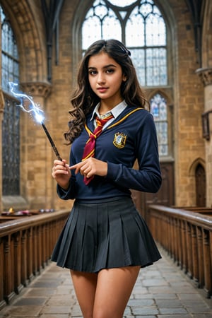 Sexy 18 year old Arab girl at Hogwarts, wearing Hogwarts uniform, short skirt, with a wand
