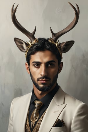 Portrait of a Arab human stag with deer style antlers, horns, realistic, modern, rich, wealthy, suit