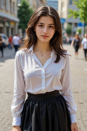 Sexy 18 year old Syrian girl in Germany, in public, wearing a skirt and a blouse, cheap, trashy, face
