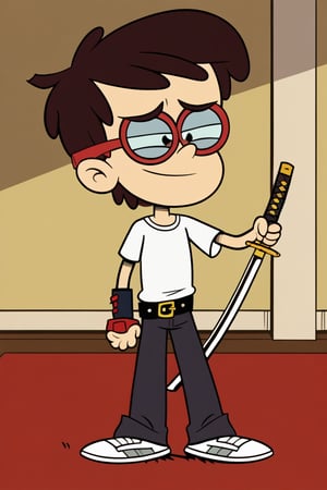 loudhouse, 1boy, solo, solo focus, male focus, brown eyes, teenager, Asian, short hair, black hair, glasses, red eyewear, shirt, white shirt, belt, pants, black pants, shoes, white shoes, shin guards, full body, standing, Katana, weapon, holding, holding KatanaOnehand.