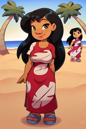 lilo_Pelekai, breasts, busty, 1girl, solo, solo focus, black hair, brown eyes, dress, smile, dark skin, long hair, dark-skinned female, standing, closed mouth, short sleeves, full body, palm tree, red dress, sandals, daytime, beach.