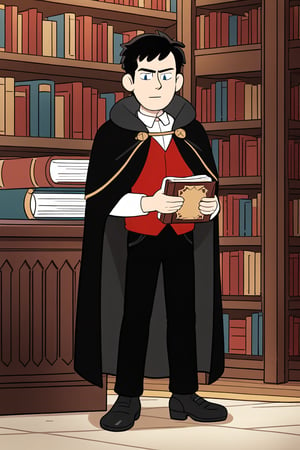 hilsty, 1boy, solo, male focus, blue eyes, black hair, short hair, black cloak, open cloak, red vest, white shirt, pants, black pants, black footwear, Sliver Shin Guards, Techwear, book, holding book, indoors, library.