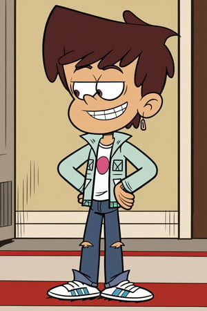 loudhouse, 1boy, solo, solo focus, male focus, brown eyes, teenager, Hispanic, short hair, tan hair, jacket, light blue jacket, pants, blue pants, t-shirt, white t-shirt, shoes, white footwear, full body standing.