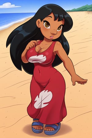 lilo_Pelekai, breasts, busty, 1girl, solo, female focus, brown eyes, black hair, long hair, large breast, cleavage, covered navel, red dress, sandals, beach, daytime, dark-skinned female, sleeveless dress, dark skin.