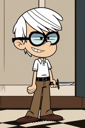 loudhouse, flat color, 1boy, solo, solo focus, male focus, blue eyes, short hair, white hair, hair between eyes, glasses, black eyewear, shirt, white shirt, belt, pants, shoes, brown footwear, full body, standing, dagger, holding dagger