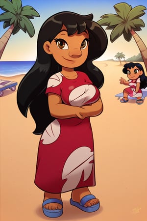 lilo_Pelekai, breasts, busty, 1girl, solo, solo focus, black hair, brown eyes, dress, smile, dark skin, long hair, dark-skinned female, standing, closed mouth, short sleeves, full body, palm tree, red dress, sandals, daytime, beach.