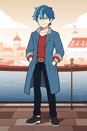 hilsty, 1boy, male focus, solo, full body, hand in pocket, blue hair, standing, pants, harbor background, outdoors. belt, smile, looking at viewer, coat, blue eyes, shirt, pocket, blue coat, vest, bracelet, collarbone, streaked hair, red shirt, open clothes, hair between eyes, shoes, long sleeves