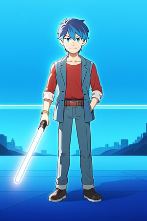 hilsty, 1boy, male focus, solo, full body, hand in pocket, blue hair, standing, pants, harbor background, outdoors. belt, smile, looking at viewer, coat, blue eyes, shirt, pocket, blue coat, vest, bracelet, collarbone, streaked hair, red shirt, open clothes, hair between eyes, shoes, long sleeves, blue Lightsaber, weapon, holding weapon