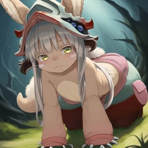 1girl, solo, furry, nanachi \(made in abyss\), nanachihat, nanachipants, standing, looking at viewer, :),claw pose,all fours

