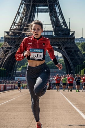 Vibrant female runner in motion, youthful energy radiates from the dynamic pose. The bright, bold uniform bursts with color against the stark grey of the track, while the Eiffel Tower's iron latticework rises majestically into the misty blue sky. Sharp focus on the athlete's determined expression and athletic build as she stands poised at the starting line, the stadium's sleek grandstands curving around him like a gentle arc.