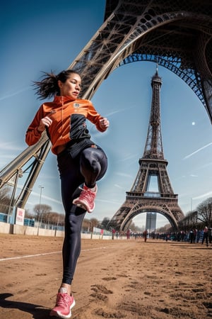 Vibrant female runner in motion, youthful energy radiates from the dynamic pose. The bright, bold uniform bursts with color against the stark grey of the track, while the Eiffel Tower's iron latticework rises majestically into the misty blue sky. Sharp focus on the athlete's determined expression and athletic build as she stands poised at the starting line, the stadium's sleek grandstands curving around him like a gentle arc.