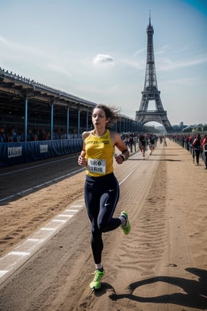 Vibrant female runner in motion, youthful energy radiates from the dynamic pose. The bright, bold uniform bursts with color against the stark grey of the track, while the Eiffel Tower's iron latticework rises majestically into the misty blue sky. Sharp focus on the athlete's determined expression and athletic build as she stands poised at the starting line, the stadium's sleek grandstands curving around him like a gentle arc.