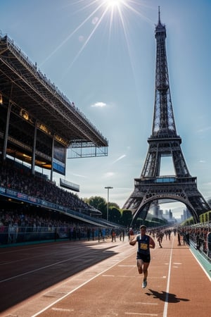 Vibrant runner in motion, youthful energy radiates from the dynamic pose. The bright, bold uniform bursts with color against the stark grey of the track, while the Eiffel Tower's iron latticework rises majestically into the misty blue sky. Sharp focus on the athlete's determined expression and athletic build as he stands poised at the starting line, the stadium's sleek grandstands curving around him like a gentle arc.