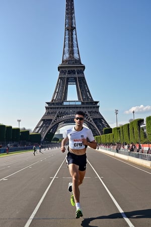 A dynamic snapshot captures a vibrant male runner in mid-stride, exuding youthful energy from his powerful pose. The bold, bright uniform bursts with color against the stark grey track, while the Eiffel Tower's majestic iron latticework rises into the misty blue sky. Sharp focus on male athlete's determined expression and athletic build as he stands poised at the starting line, the stadium's sleek grandstands curving around him like a gentle arc, the track's gray surface stretching out to meet his sprinting stride.