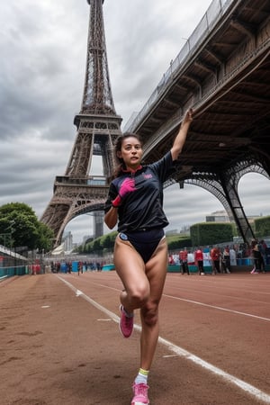 Vibrant female runner in motion, youthful energy radiates from the dynamic pose. The bright, bold uniform bursts with color against the stark grey of the track, while the Eiffel Tower's iron latticework rises majestically into the misty blue sky. Sharp focus on the athlete's determined expression and athletic build as she stands poised at the starting line, the stadium's sleek grandstands curving around him like a gentle arc.