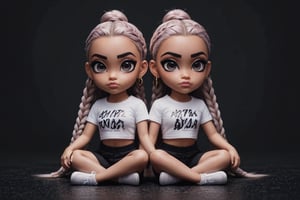 {{{masterpiece}}}, {{{best quality}}}, {{ultra-detailed}}, {beautiful detailed eyes}, 2girls, Ink hair, long braided hair, Ink eyes, confused, squatting, stratosphere, full body, crop top shirt,bratz emote style,bratz,emote