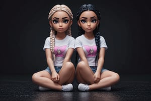 {{{masterpiece}}}, {{{best quality}}}, {{ultra-detailed}}, {beautiful detailed eyes}, 2girls, Ink hair, long braided hair, Ink eyes, confused, squatting, stratosphere, full body, crop top shirt,bratz emote style,bratz,emote