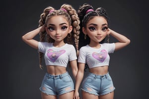 {{{masterpiece}}}, {{{best quality}}}, {{ultra-detailed}}, {beautiful detailed eyes}, 2girls, Ink hair,  braided hair, curly hair,  Ink eyes, excited, dancing, stratosphere, full body, crop top shirt,bratz emote style,bratz,emote