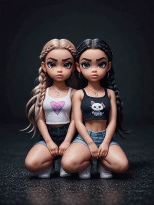 {{{masterpiece}}}, {{{best quality}}}, {{ultra-detailed}}, {beautiful detailed eyes}, 2girls, Ink hair, long braided hair, Ink eyes, confused, squatting, stratosphere, full body, crop top shirt,bratz emote style,bratz,emote