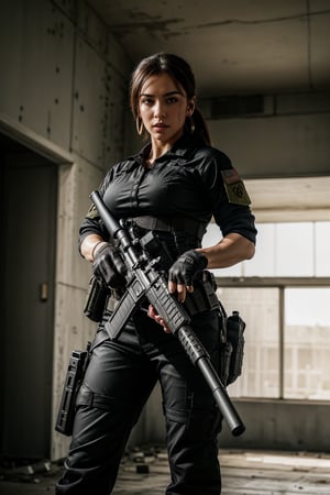 1girl, strong muscular Girl, solo, long hair, looking at the viewer, serious, angry, blood, bleeding, brown hair, realistic, ponytail, open mouth, gloves, holding, weapon, realistic, short sleeves, boots, black gloves, pants, fingerless gloves, black footwear, holding weapon, blurry, gun, military, black shirt, blurry background, black pants, holding gun, rifle, assault rifle, combat boots, ar-15, Military, elegance, masterpiece, earrings, realistic, masterpiece, best quality, photorealistic, raw photo, earrings, black eyes, lips, bow headband, lips, ribbon, realistic, parted lips, lips, ribbon, realistic, blurry background, Military, Taskforce, standing, shooting, (((hollywood action movie style))), (((explosions))) (((blood))), post apocalyptic battleground, walking with a gun in her hand, jacket on, zoomed out long shot to showcase the surroundings. (((Zoomed out long shot)))), (((zoomed out)))