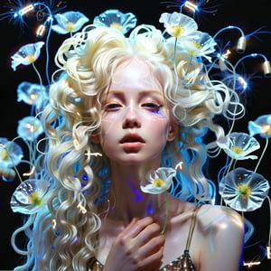 Stardust, pure gold, black, colored neon lines, excellent drawing, dynamics, wind, flower decorations, hyperdetalization, skin drawings, beautiful slender albino woman, delicate facial features, very long iridescent hair, curls, threads, flowers - white poppies, blue neon backlight, glitter, sparks, glow, arbitrary pose, 3d