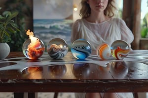 White woman sitting at a table, yareo chiffon dress, on the table are 4 marbles , each with different elements, 1 with soil and plants, 1 with sea waves, 1 with raging fire, 1 with tornado, on an old piece of wood, hyperrealistic, 4k, f1.8, boketh, depth of field, refraction, reflection on wood, photography, luminous, luminous particles coming out of marble