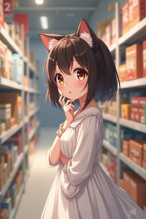 girl, cat ears, in white dress, thoughtful look at goods on shelves in store